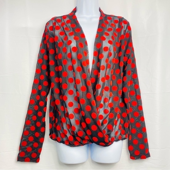 Zara Women’s Sz Large Black Sheer W/ Red Polka Dot Long Sleeve Low VNeck Cut Top - Picture 4 of 5